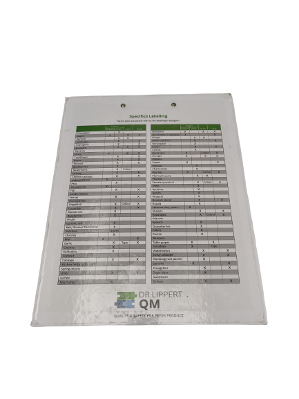 Klemmbrett "Dr. Lippert QM" mit Größencodes und Labelling-Kriterien